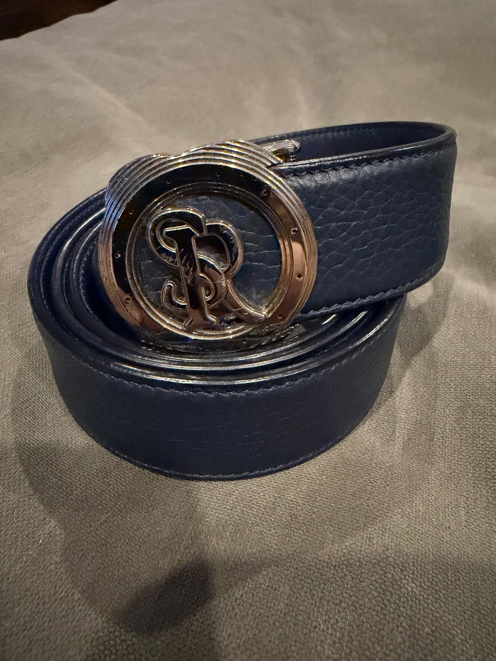 Stefano Ricci Navy Blue Leather Belt with Gold Logo Buckle